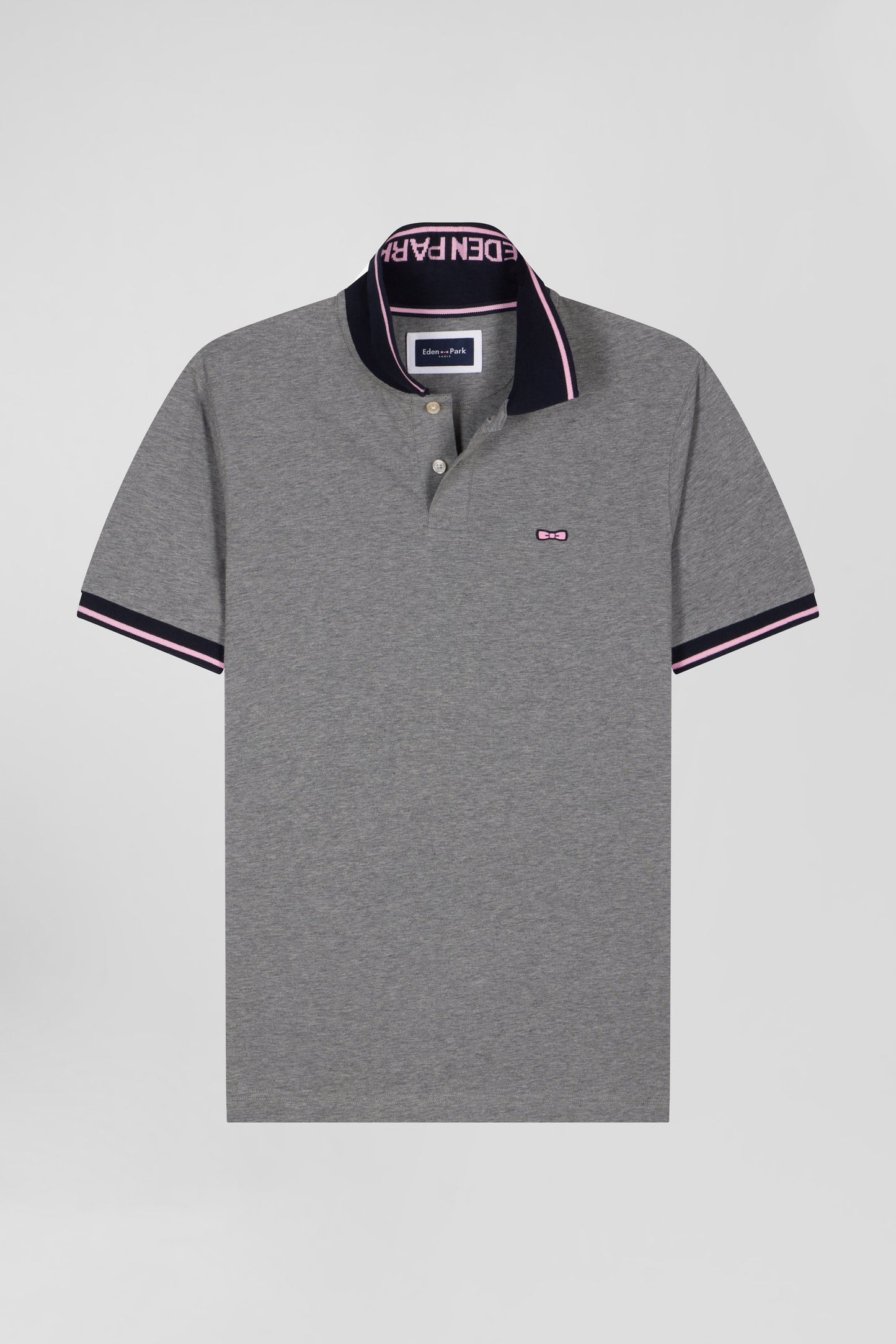 Slim grey short-sleeved stretch cotton polo shirt with Eden Park jacquard collar