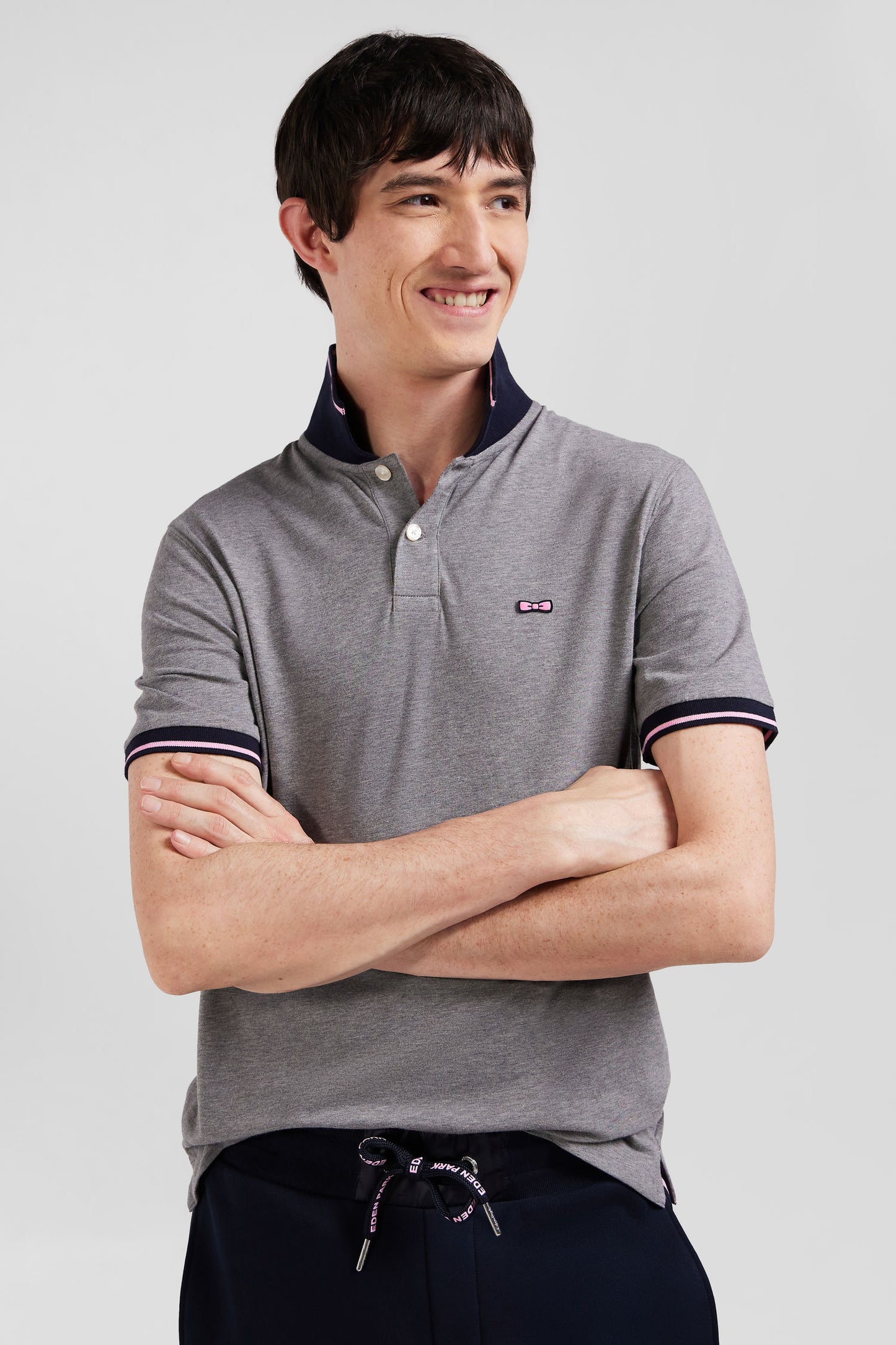 Slim grey short-sleeved stretch cotton polo shirt with Eden Park jacquard collar