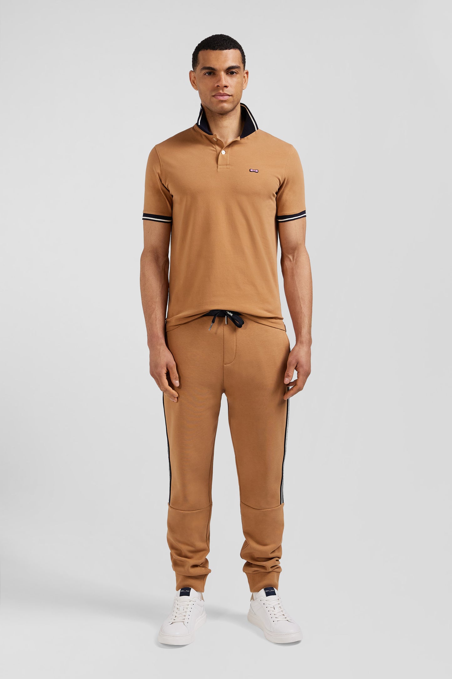 Slim camel short-sleeved stretch cotton polo shirt with Eden Park jacquard collar