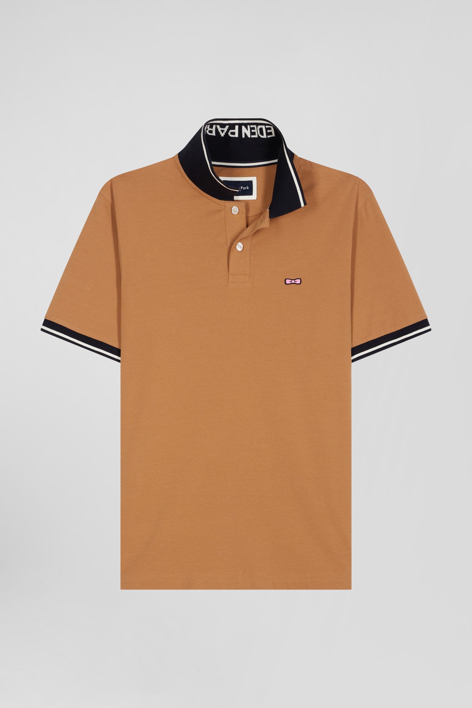 Slim camel short-sleeved stretch cotton polo shirt with Eden Park jacquard collar