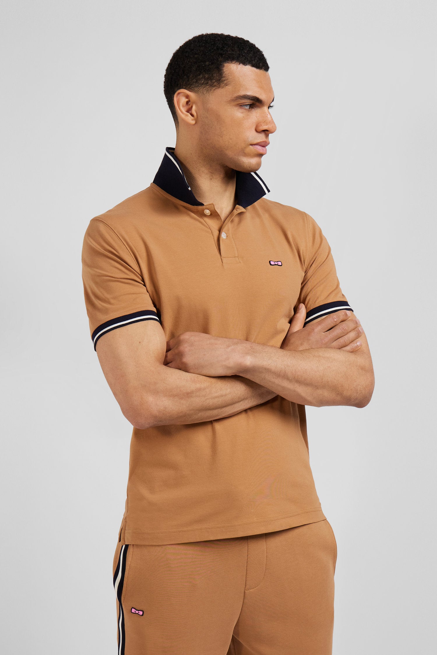 Slim camel short-sleeved stretch cotton polo shirt with Eden Park jacquard collar