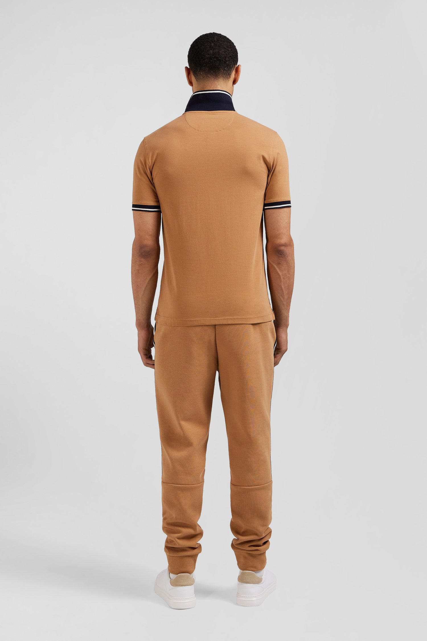 Slim camel short-sleeved stretch cotton polo shirt with Eden Park jacquard collar