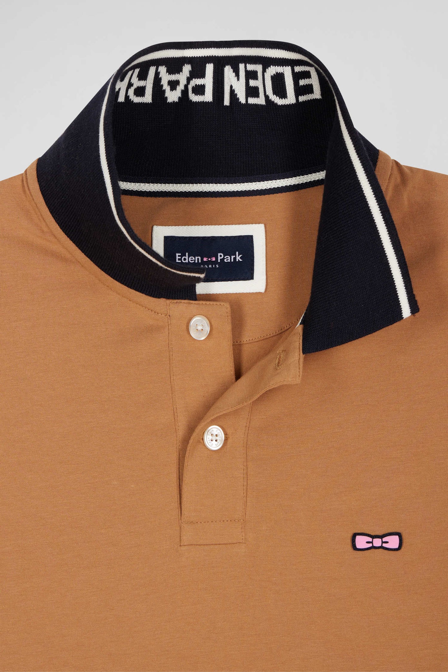 Slim camel short-sleeved stretch cotton polo shirt with Eden Park jacquard collar