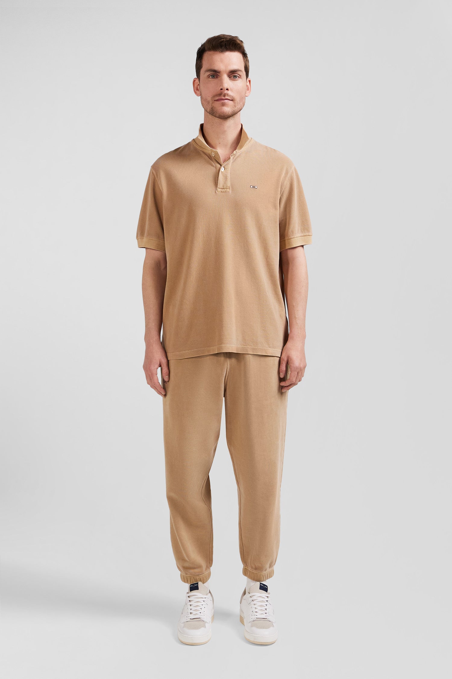 Oversized camel unisex short-sleeved cotton piqué polo shirt