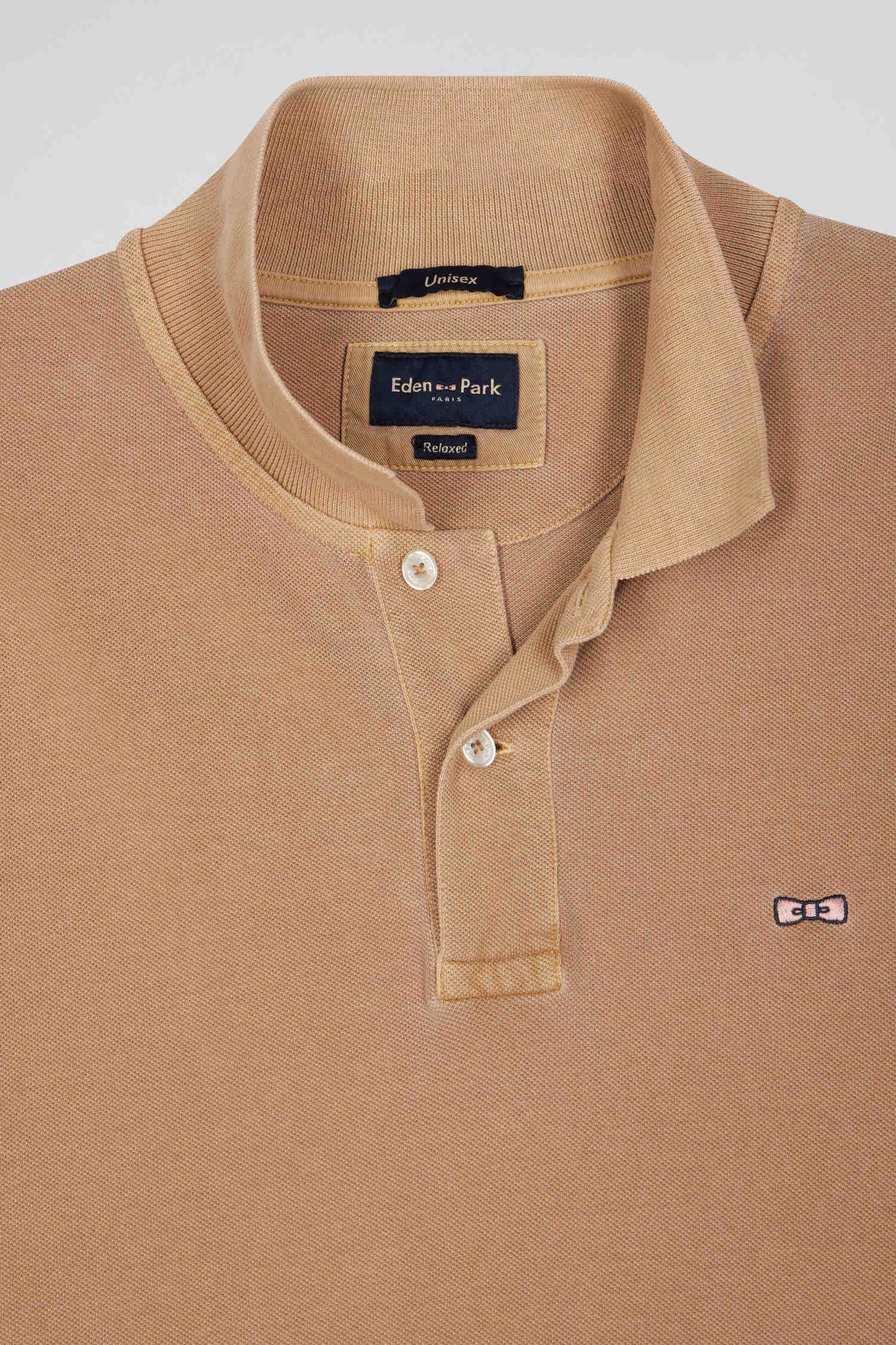 Oversized camel unisex short-sleeved cotton piqué polo shirt