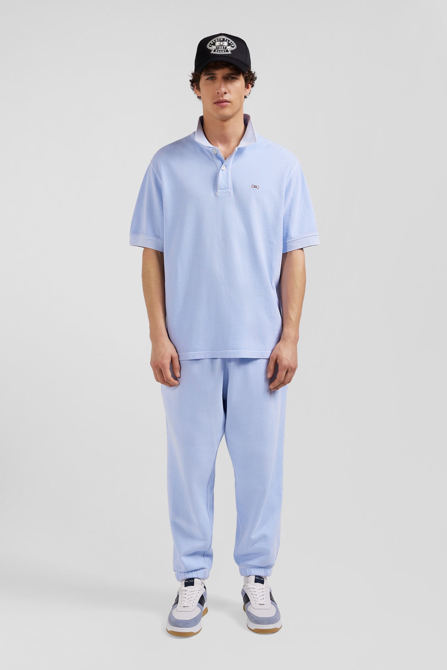 Oversized sky blue unisex short-sleeved cotton piqué polo shirt