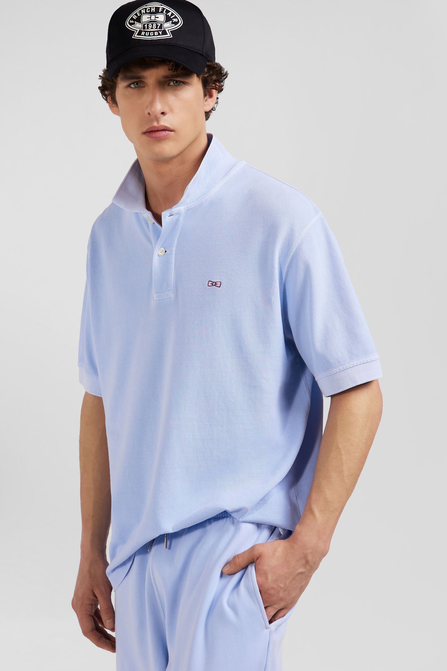 Oversized sky blue unisex short-sleeved cotton piqué polo shirt