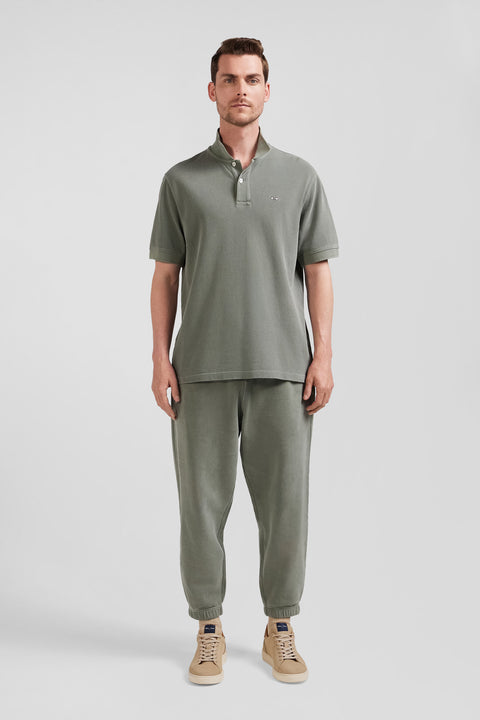 Oversized khaki unisex short-sleeved cotton piqué polo shirt - Image 1