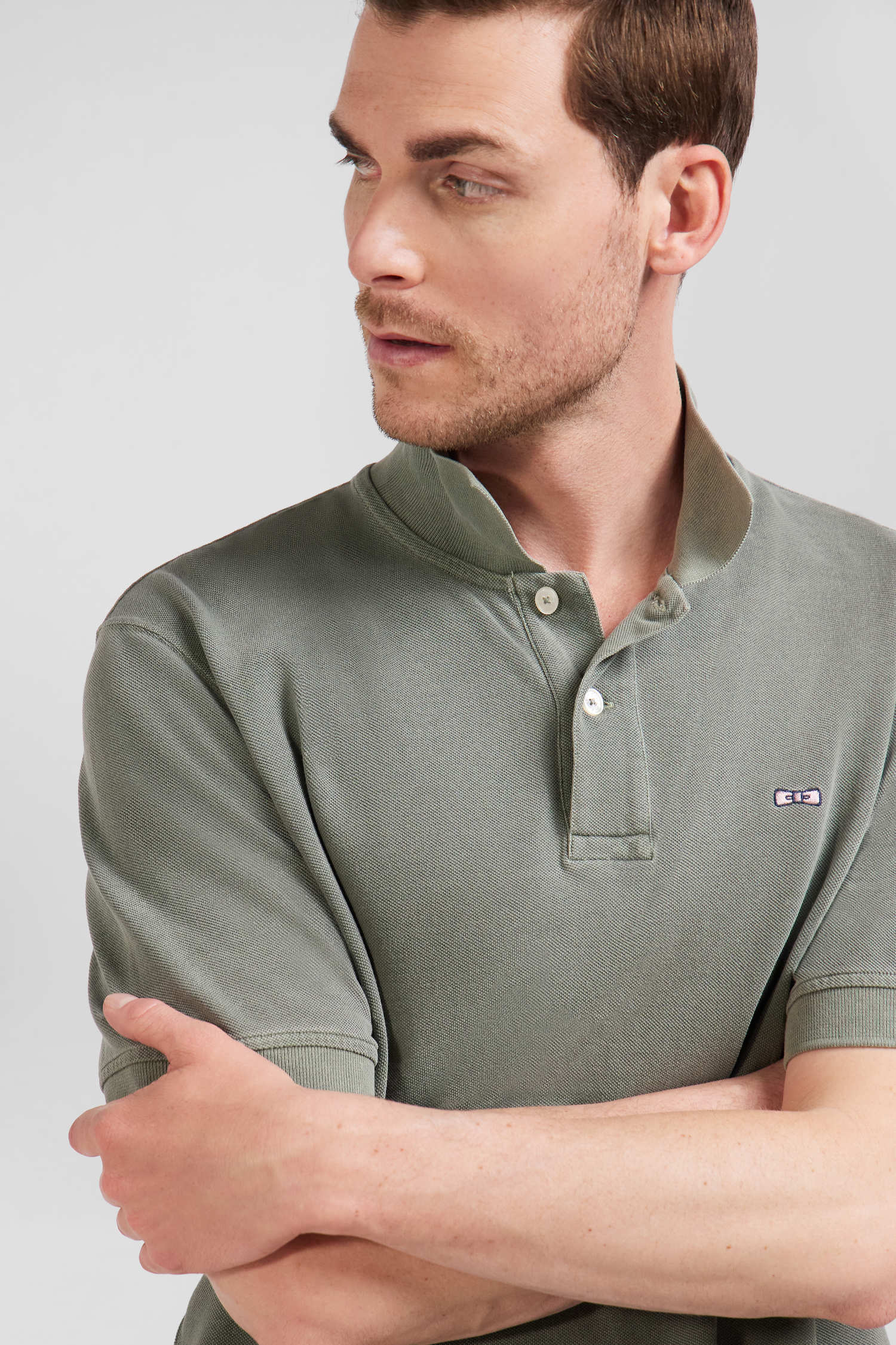 Oversized khaki unisex short-sleeved cotton piqué polo shirt