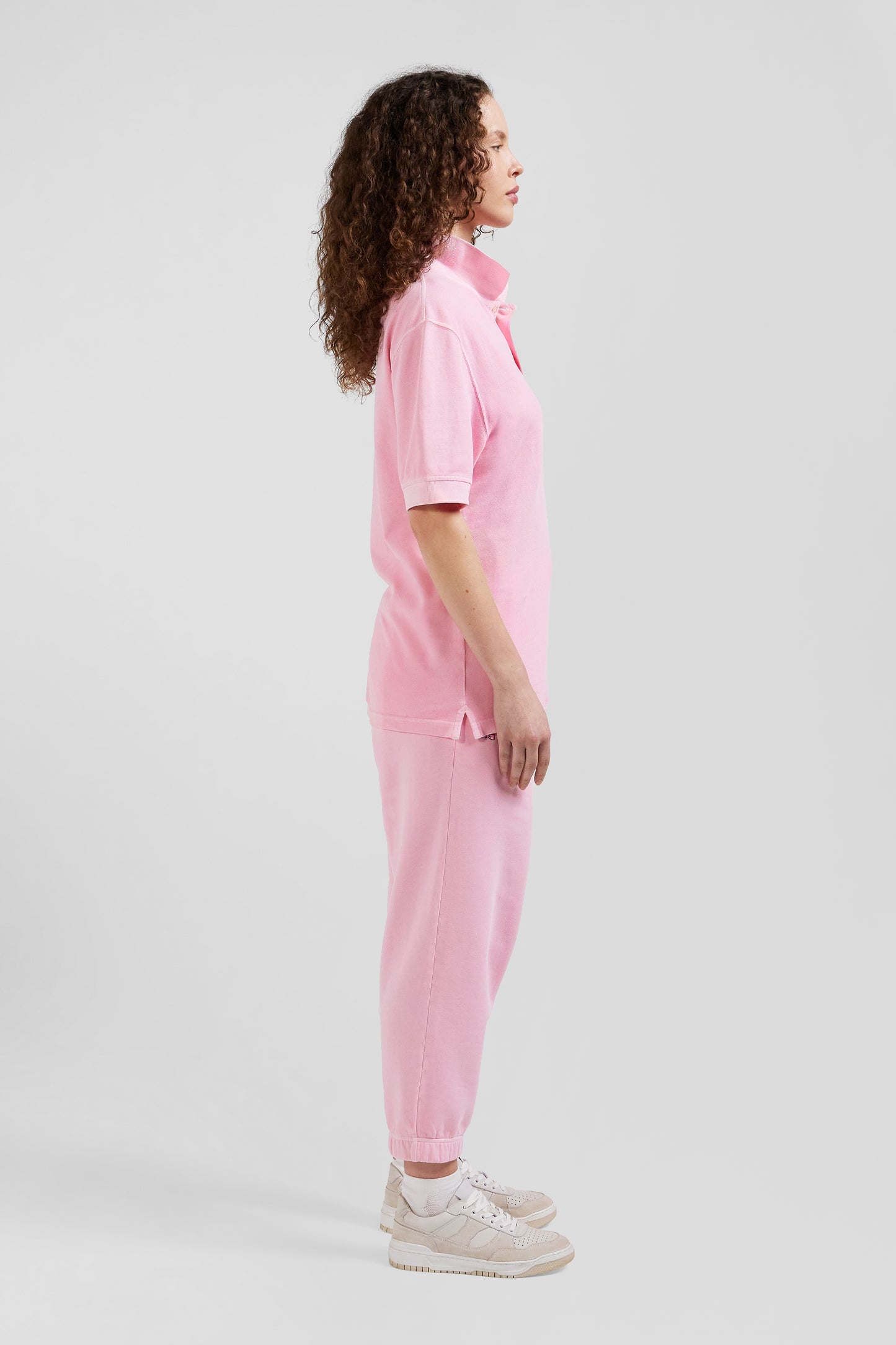 Oversized pink unisex short-sleeved cotton piqué polo shirt