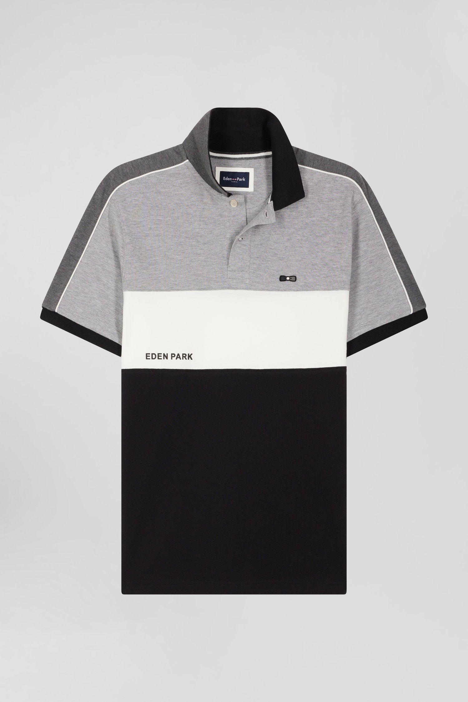 Regular black tricolor short-sleeved cotton piqué polo shirt with Eden Park lettering