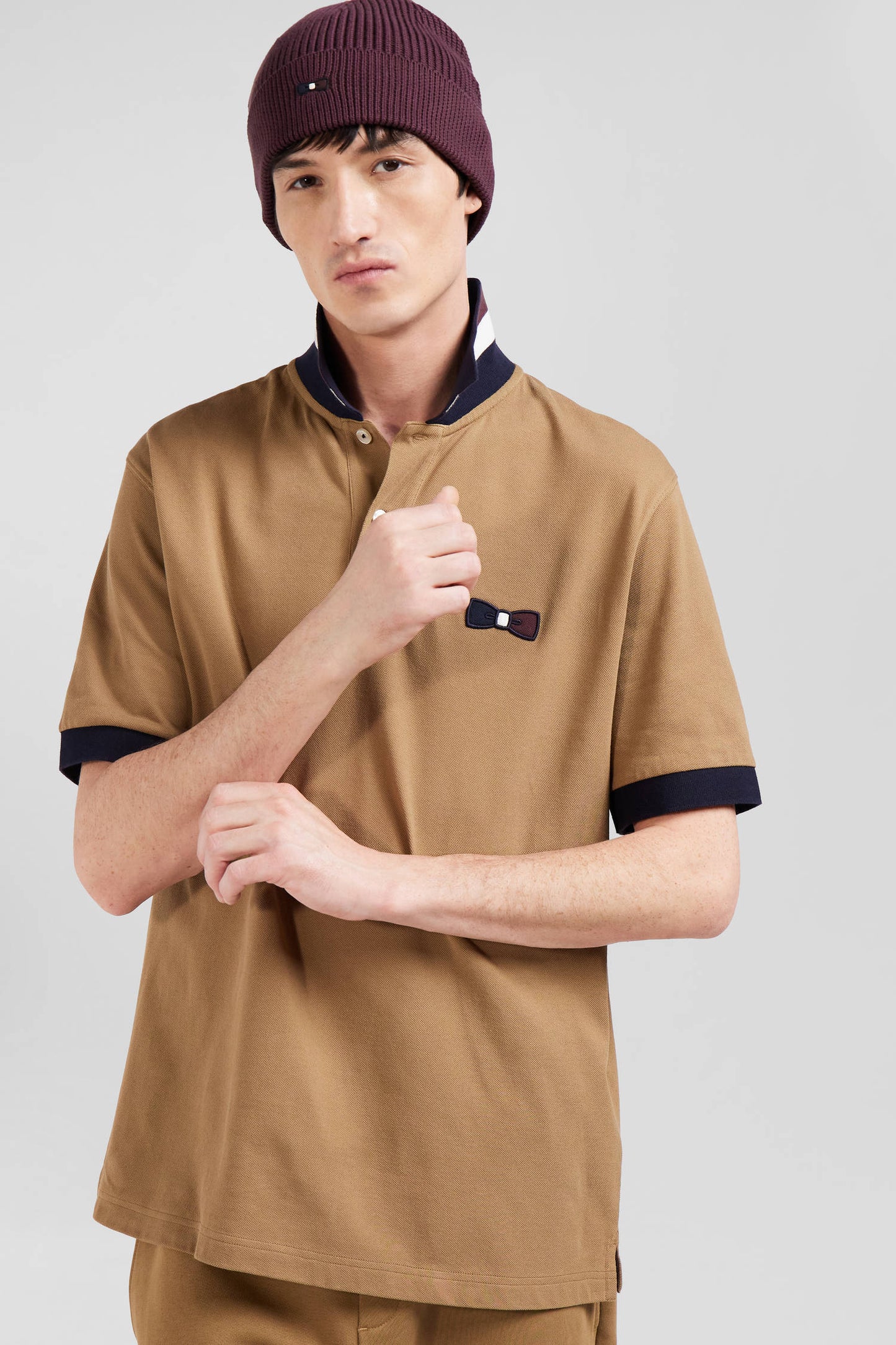 Oversize navy blue short-sleeved cotton piqué polo shirt with tricolor details