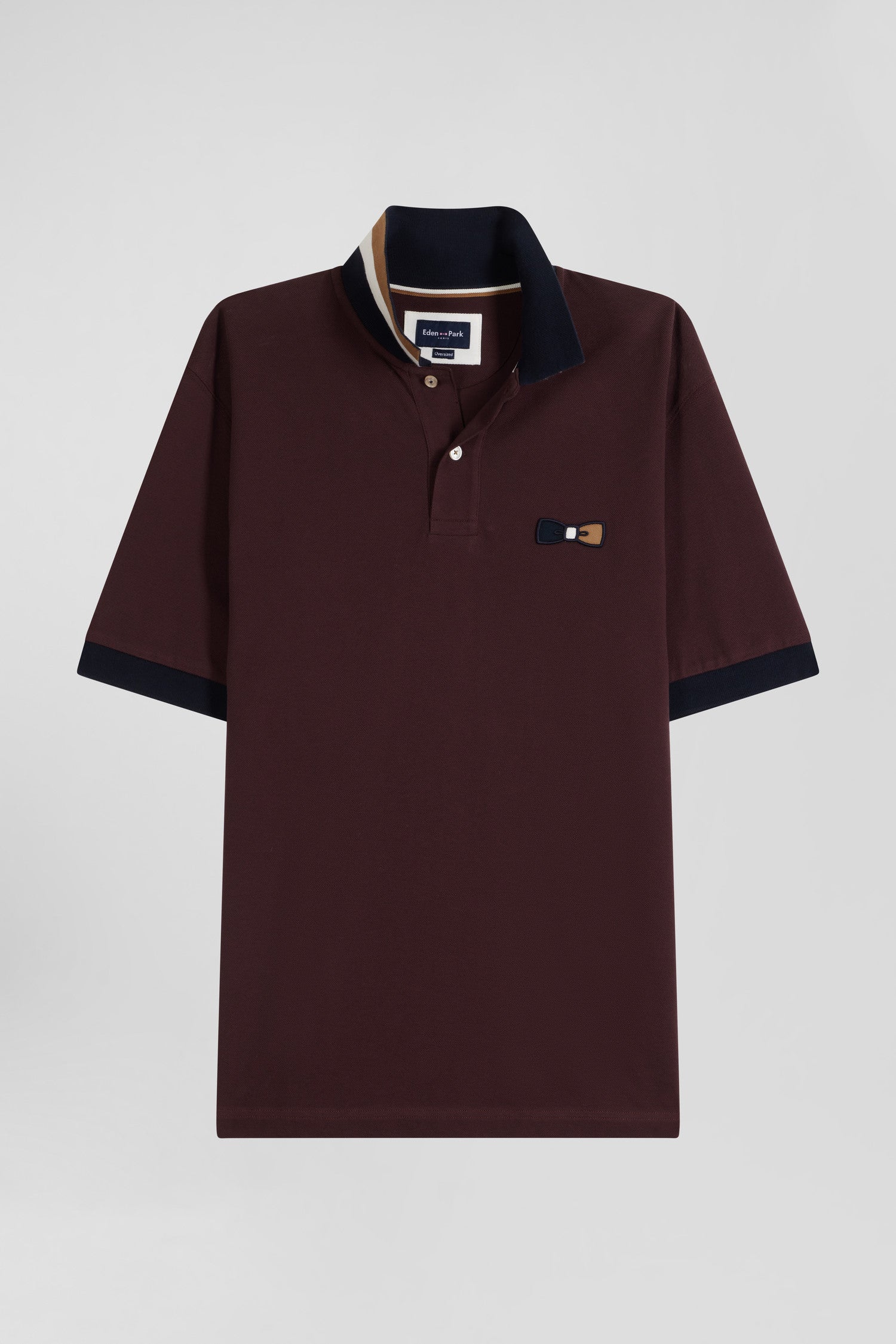 Polo manches courtes en piqué coton bordeaux détails tricolores coupe Oversized