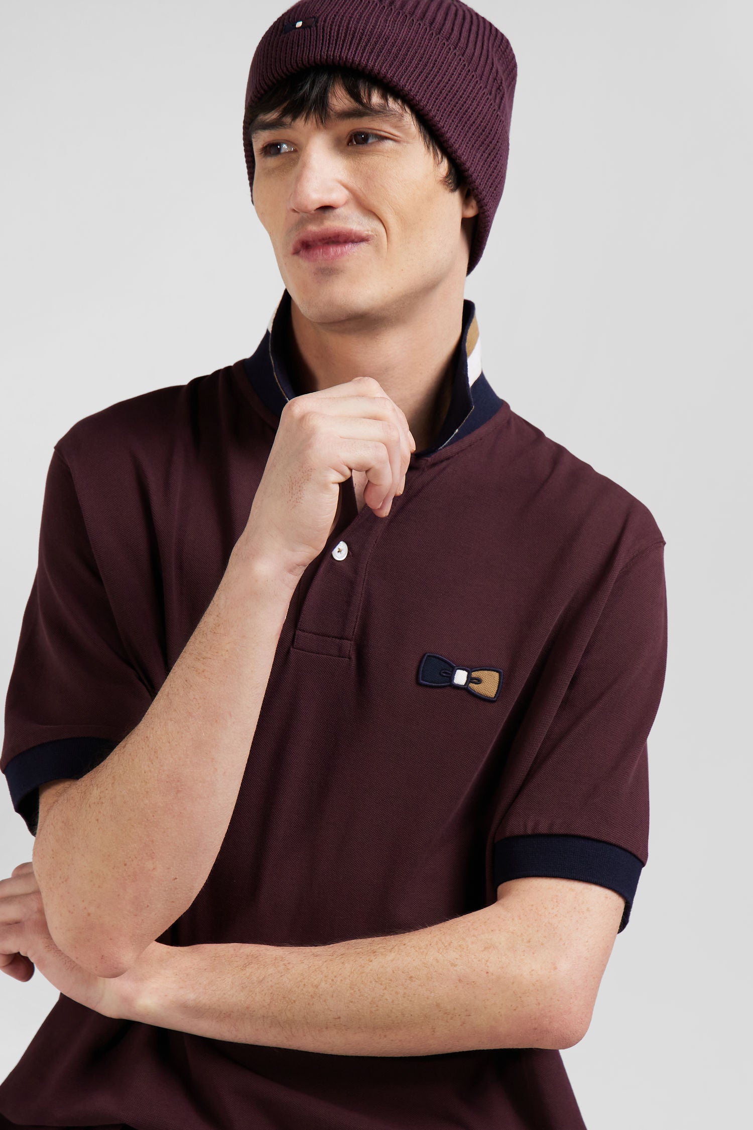 Polo manches courtes en piqué coton bordeaux détails tricolores coupe Oversized