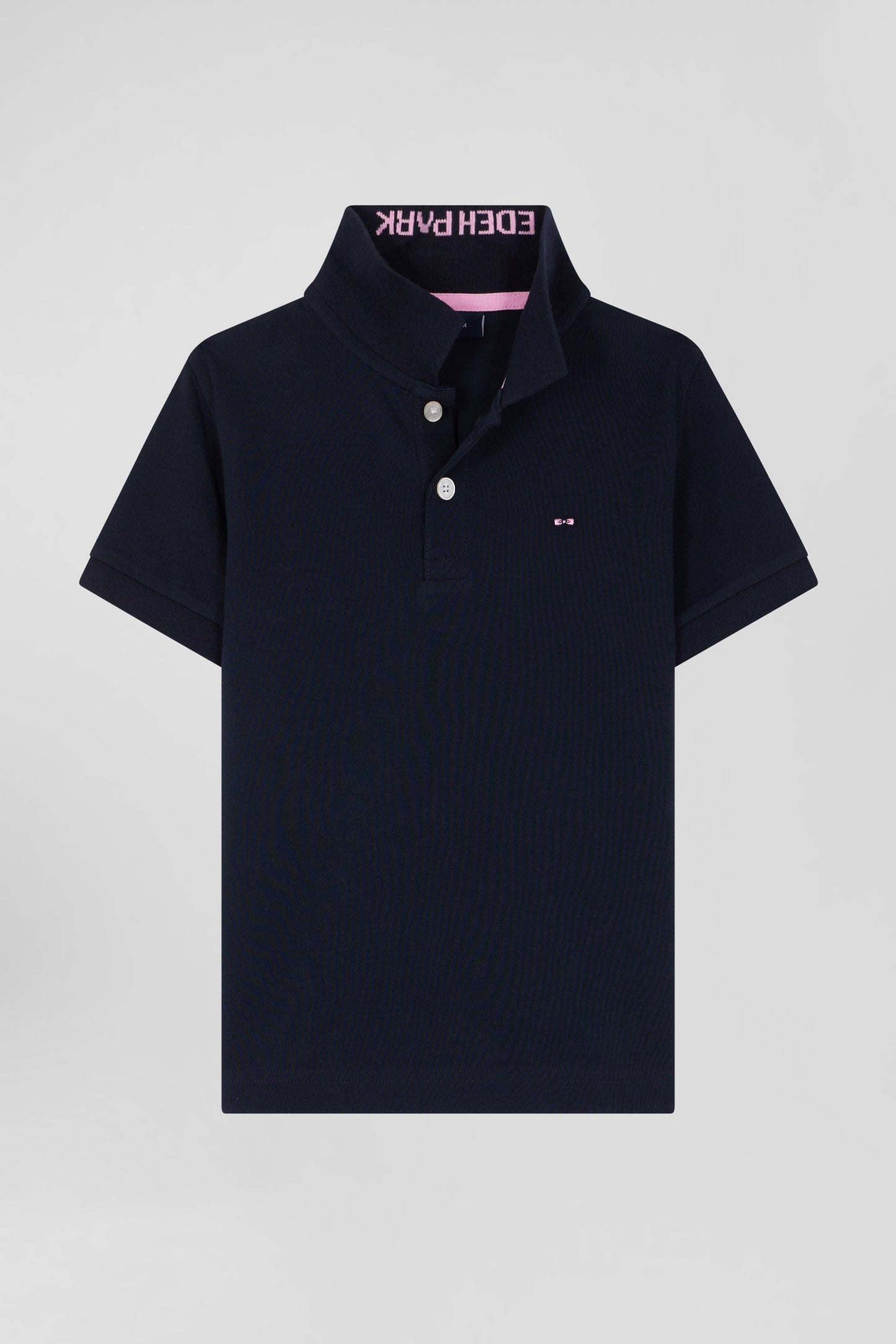 Regular navy blue short-sleeved cotton piqué polo shirt with jacquard collar