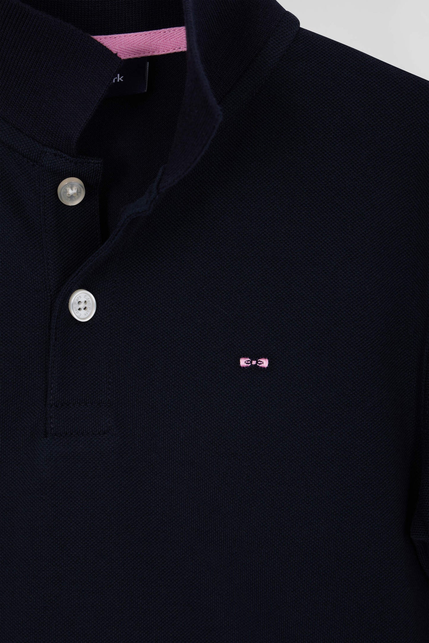 Regular navy blue short-sleeved cotton piqué polo shirt with jacquard collar