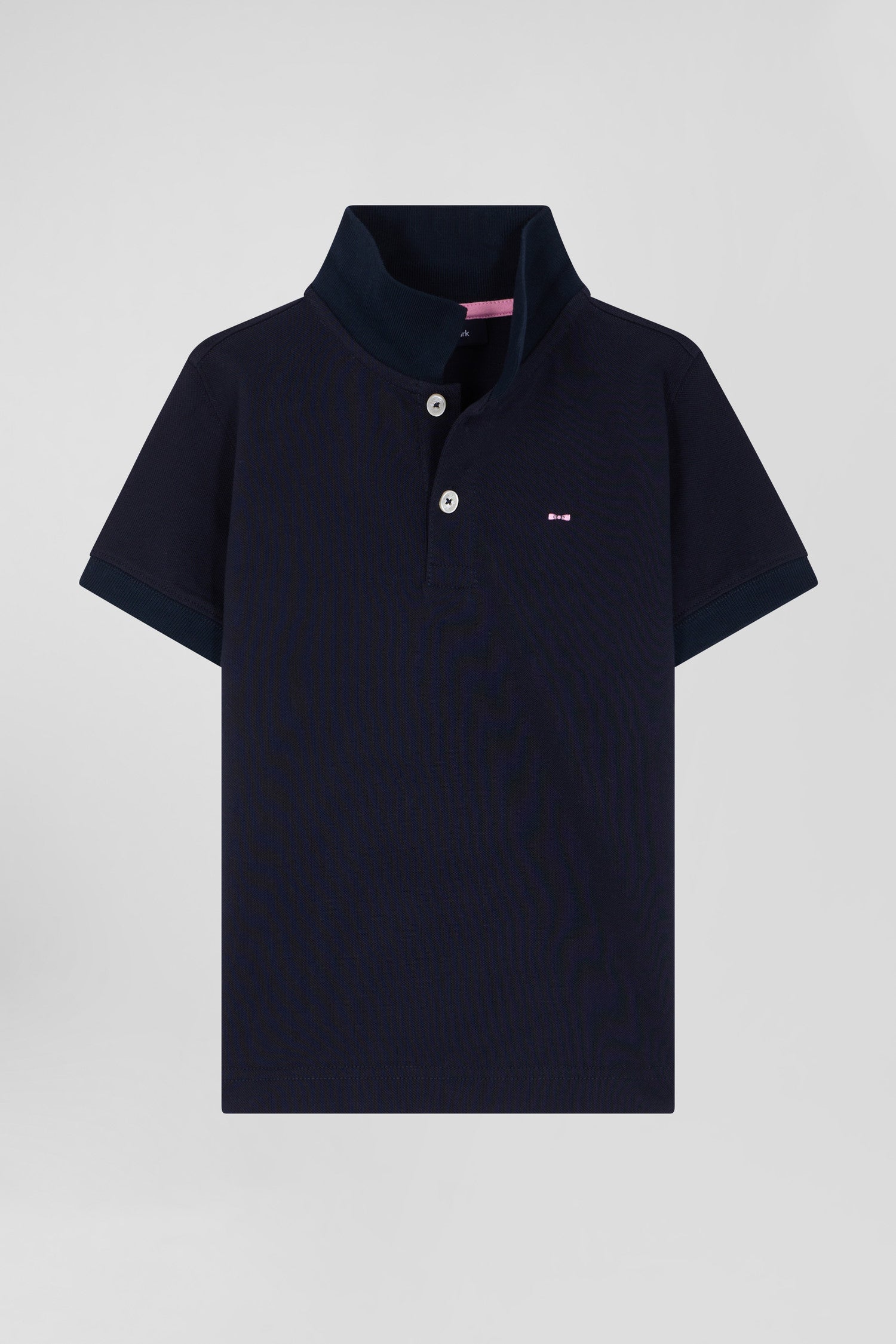 Regular navy blue short-sleeved cotton piqué polo shirt with back bow tie embroidery