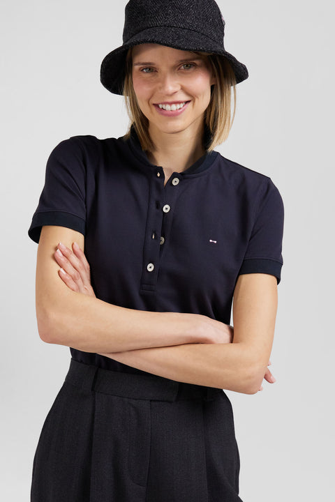 Slim navy blue plain stretch cotton short-sleeved polo shirt - Image 3