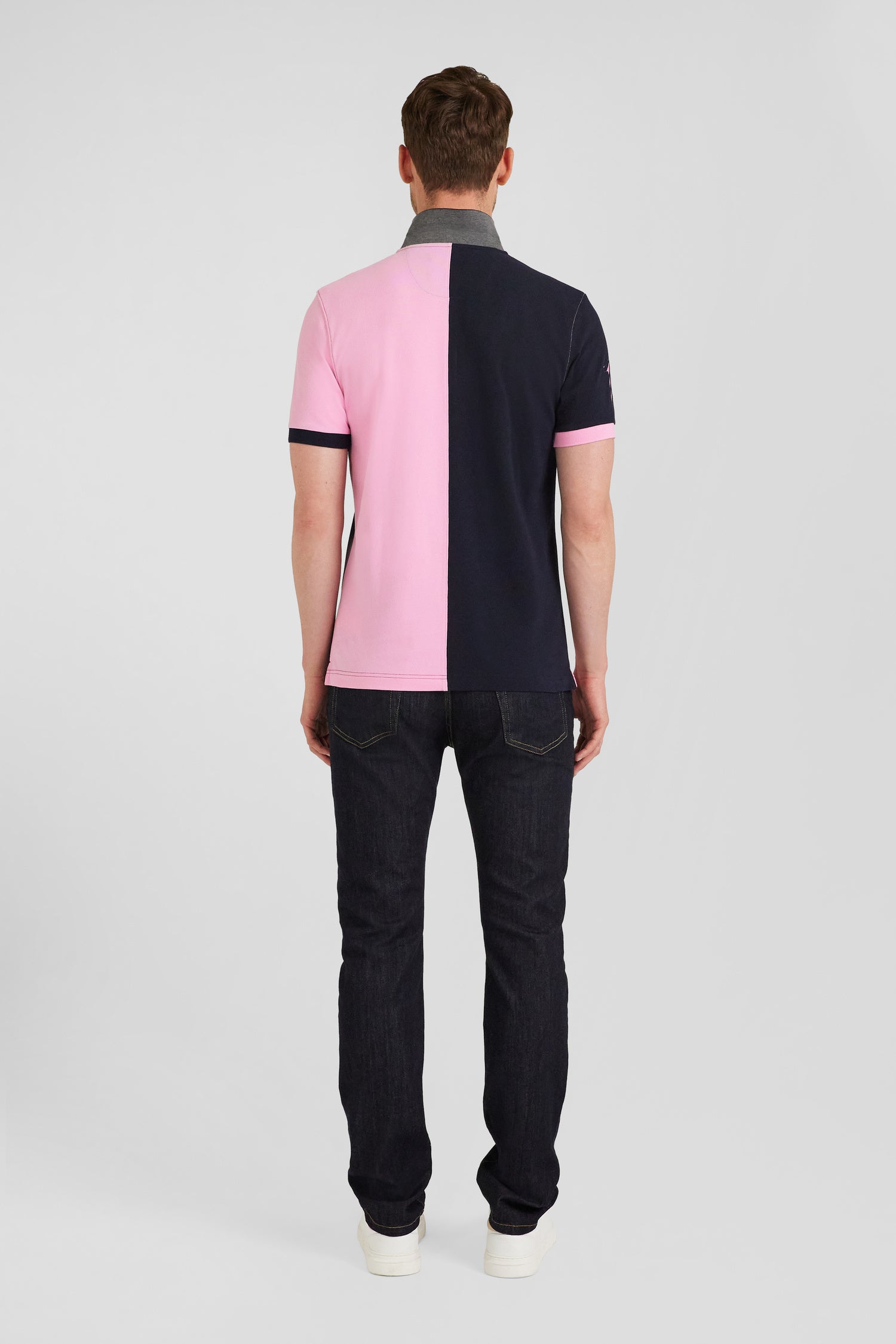 Regular navy blue and pink bicolor short-sleeved cotton piqué polo shirt