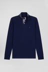 Long-sleeved navy blue cotton piqué polo shirt