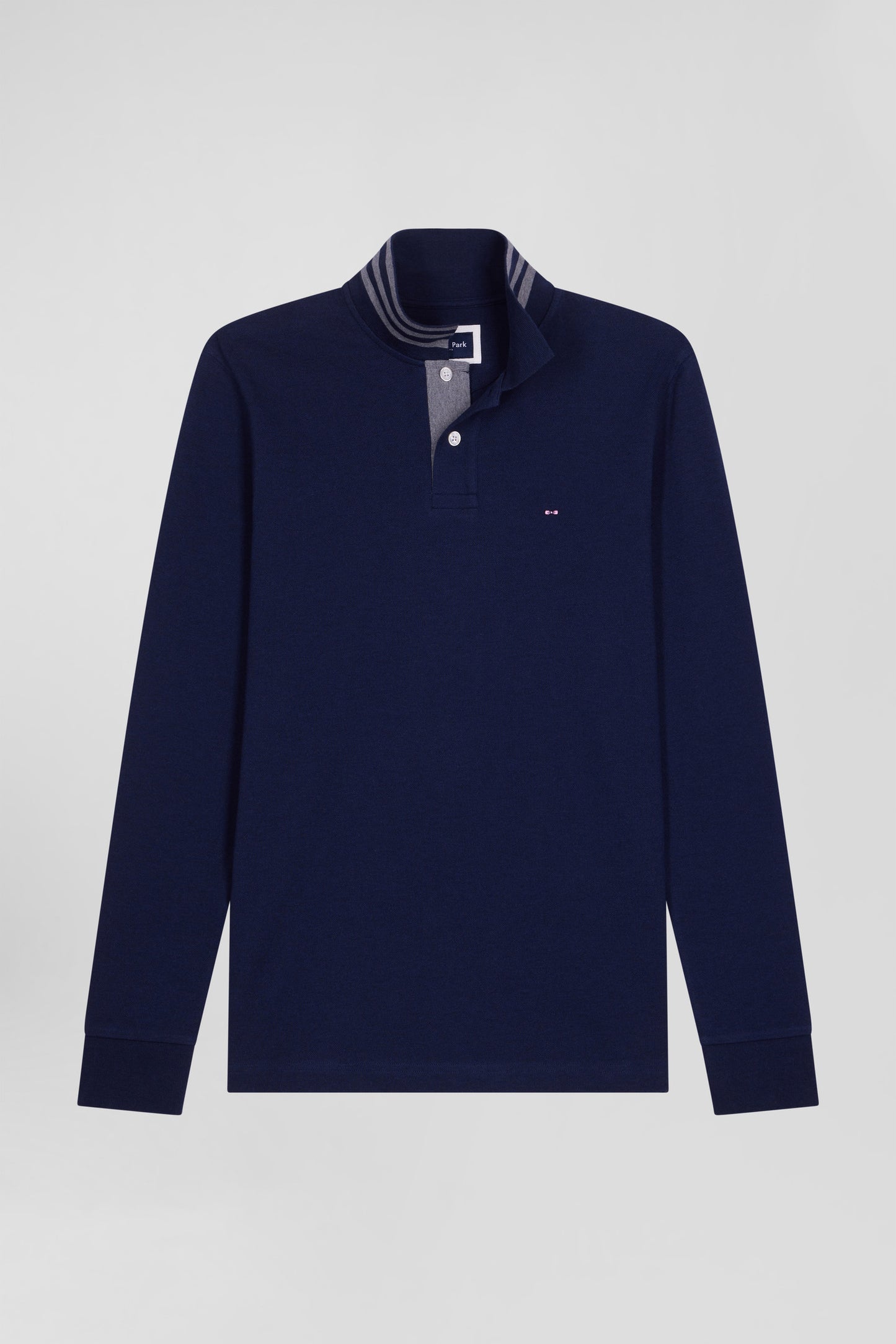 Long-sleeved navy blue cotton piqué polo shirt