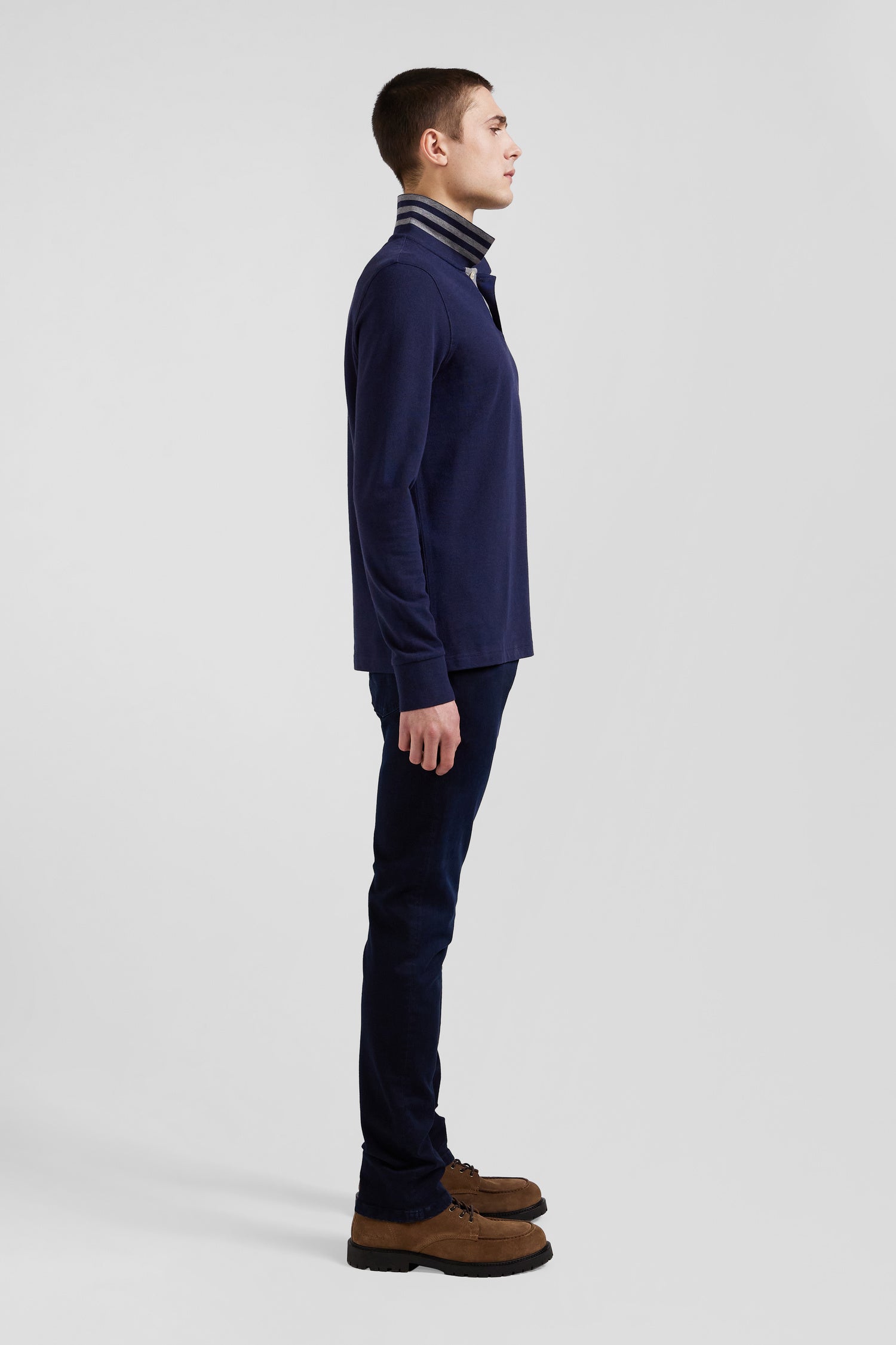 Long-sleeved navy blue cotton piqué polo shirt