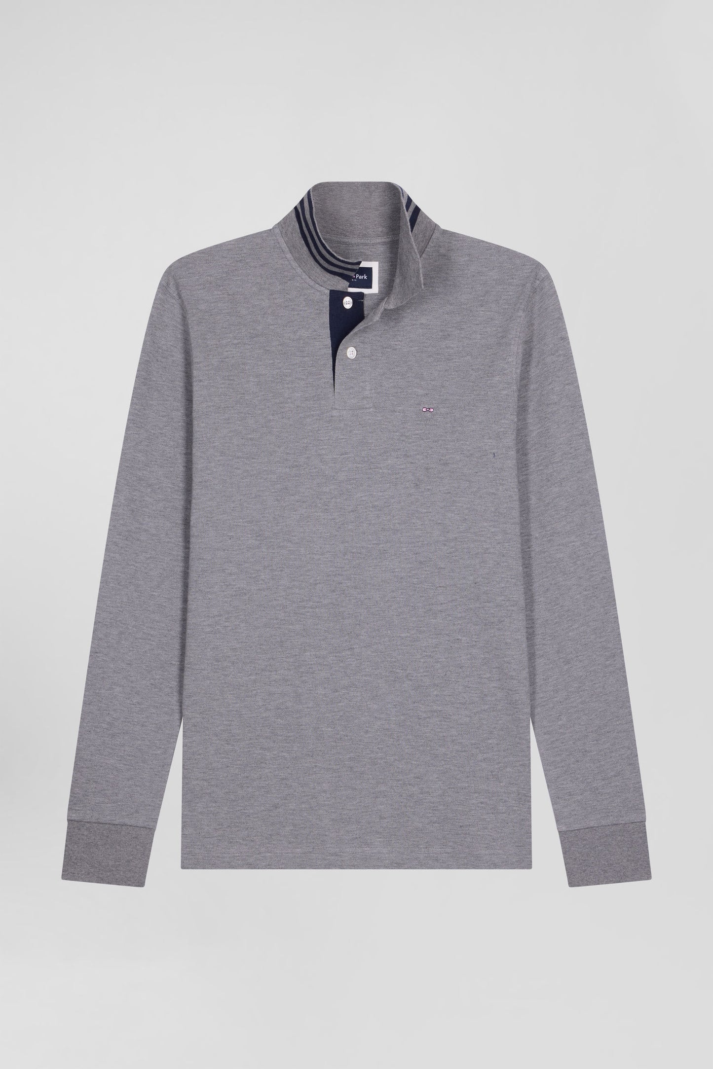 Long-sleeved grey cotton piqué polo shirt