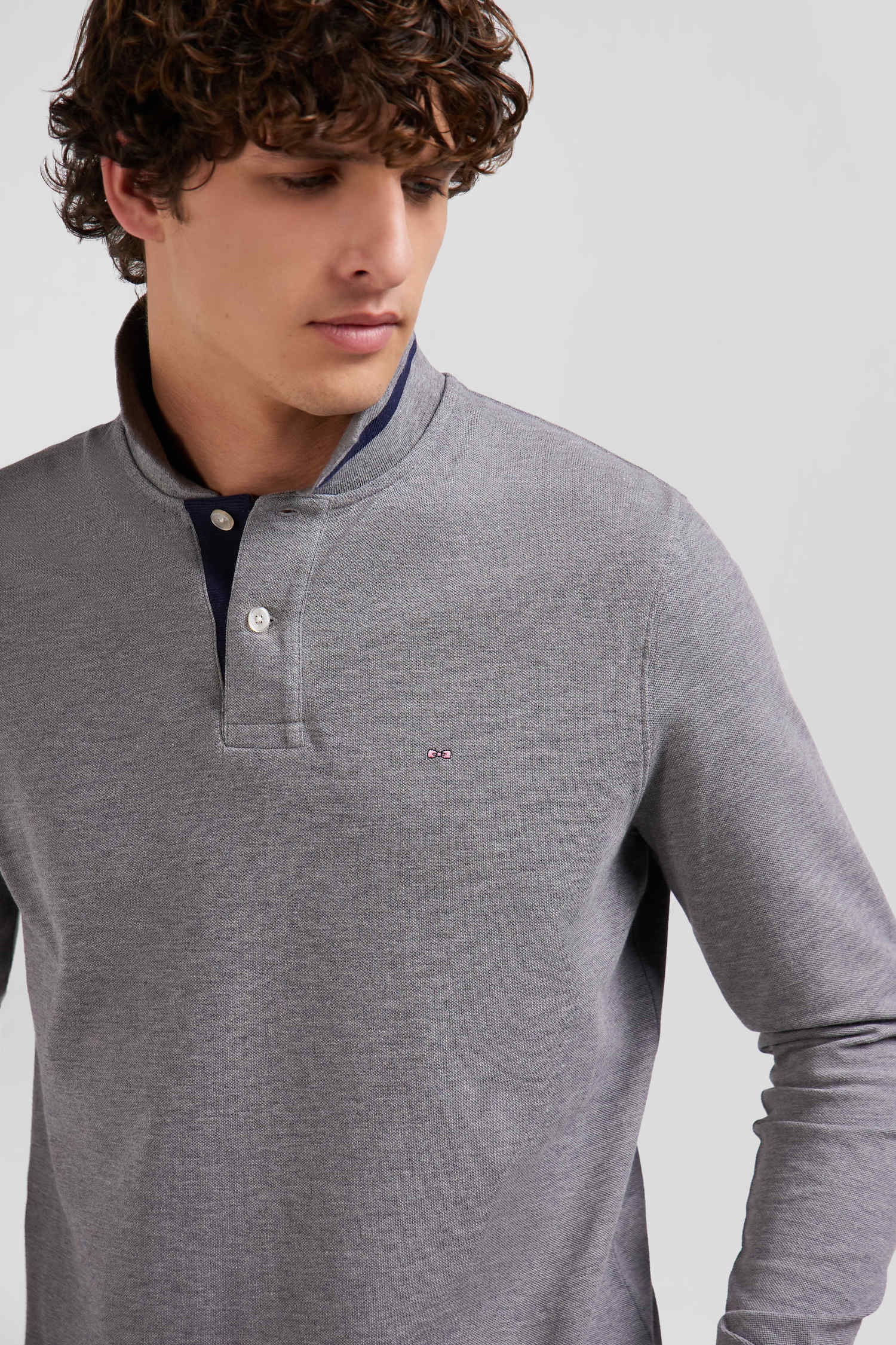 Long-sleeved grey cotton piqué polo shirt