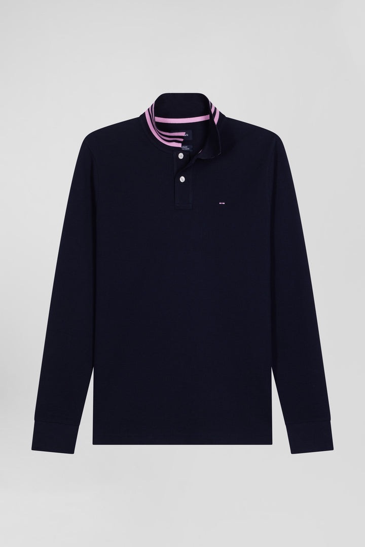 Polo manches longues en piqué coton bleu marine coupe Regular