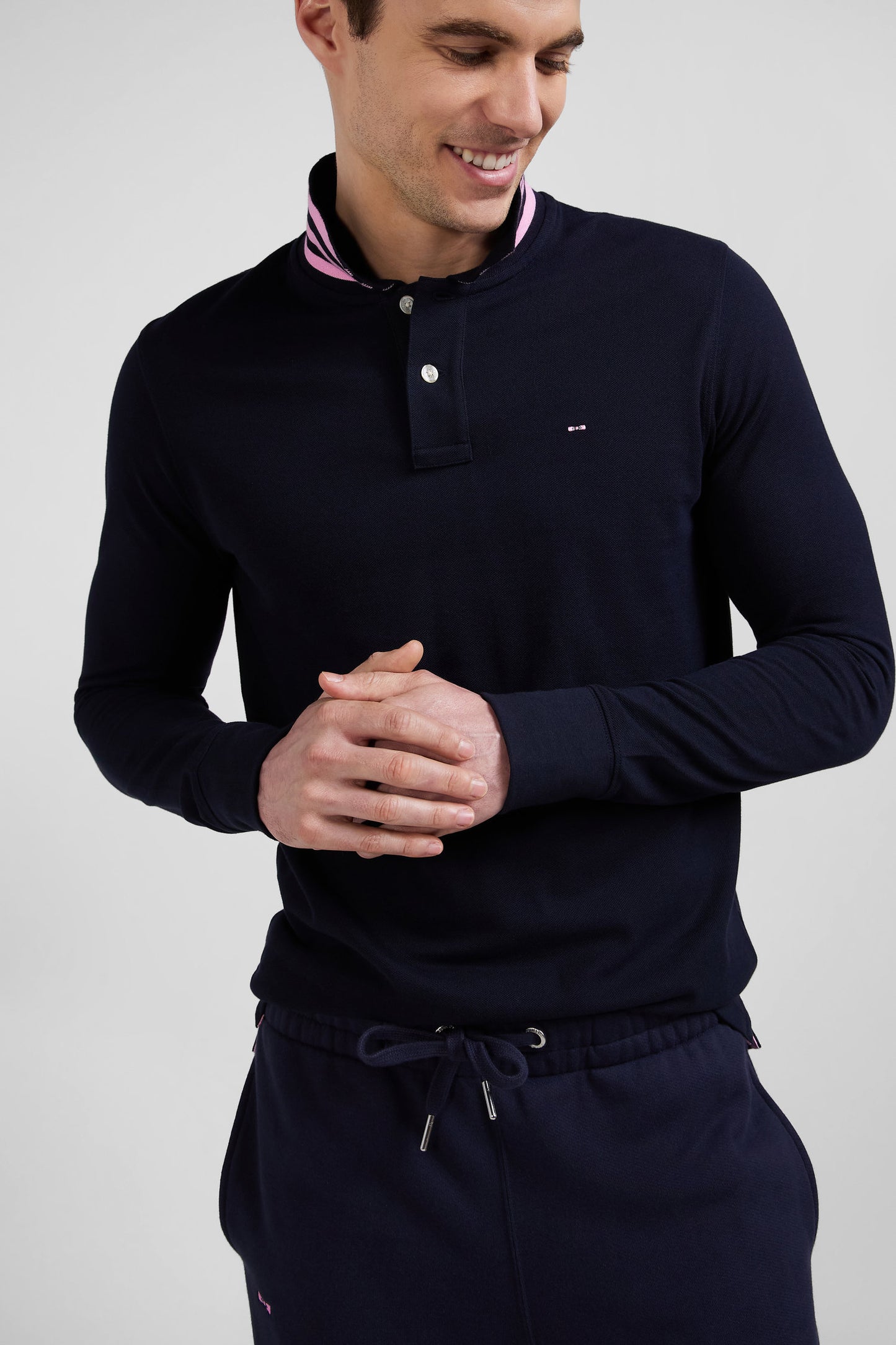 Regular navy long-sleeved cotton piqué polo shirt