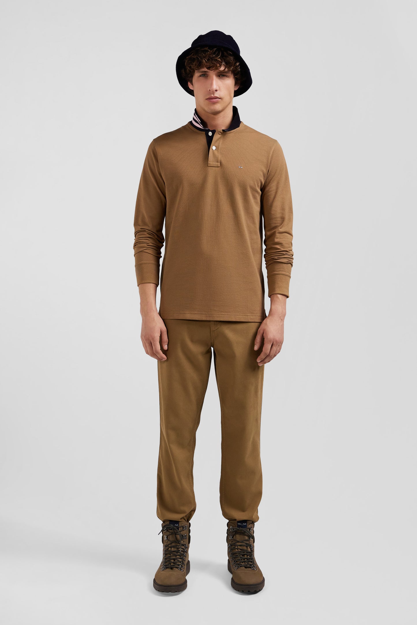 Long-sleeved polo shirt in hazelnut cotton piqué with ring collar Regular fit
