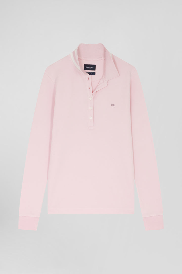 Polo manches longues en piqué coton stretch rose coupe Slim