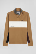 Regular camel colorblock long-sleeved cotton piqué polo shirt