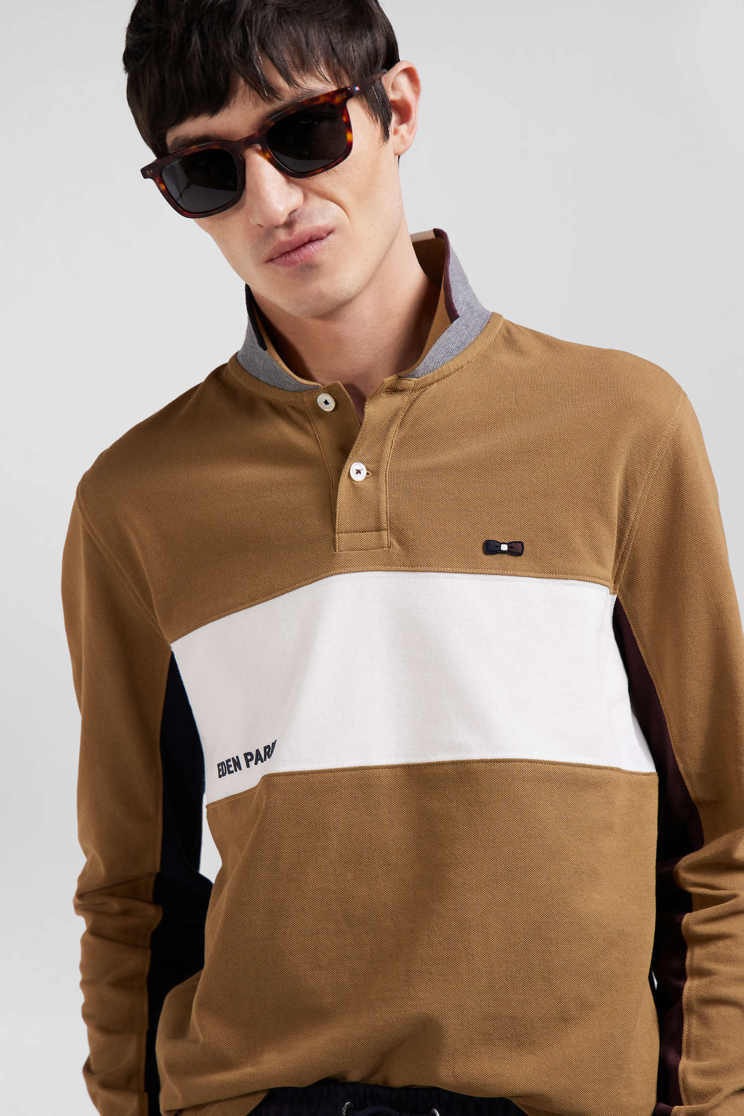 Regular camel colorblock long-sleeved cotton piqué polo shirt