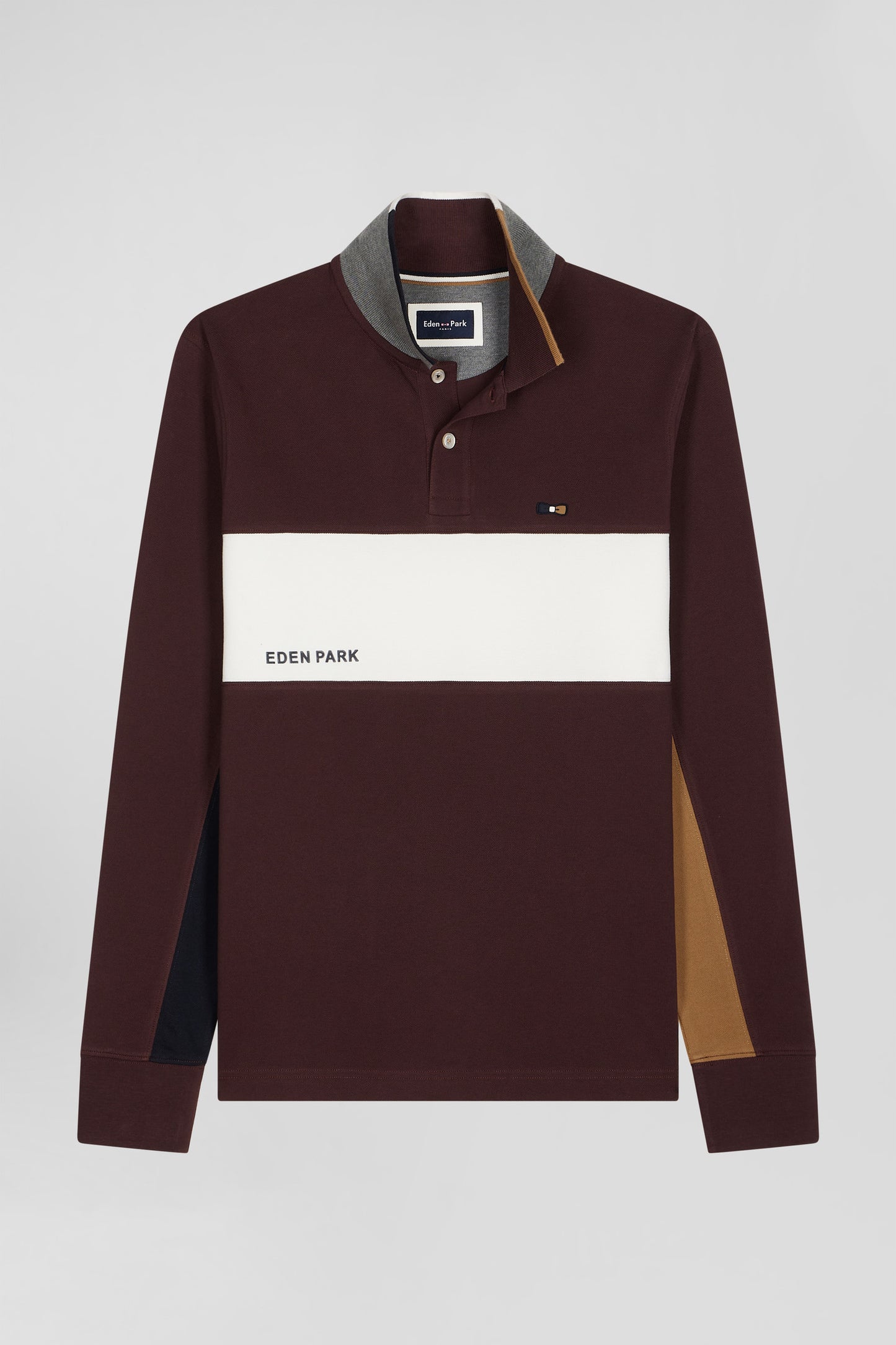 Regular burgundy colorblock long-sleeved cotton piqué polo shirt