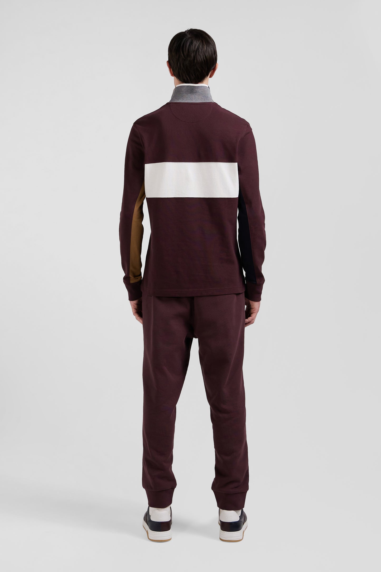 Regular burgundy colorblock long-sleeved cotton piqué polo shirt