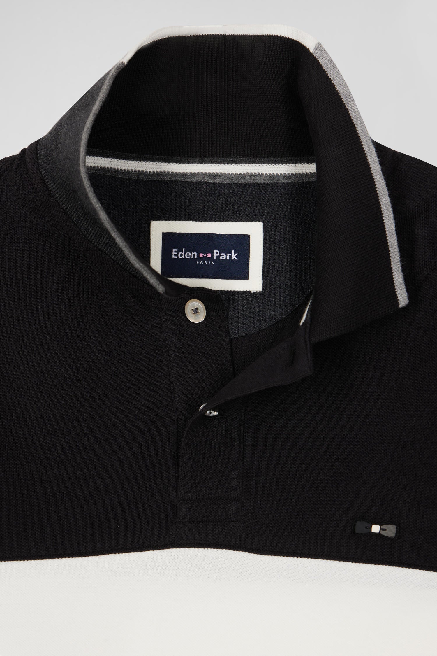 Regular black colorblock long-sleeved cotton piqué polo shirt