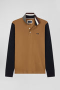 Regular camel bicolor long-sleeved cotton piqué polo shirt with jacquard collar