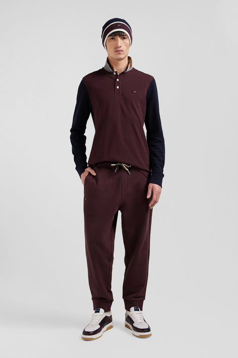 Regular burgundy bicolor long-sleeved cotton piqué polo shirt with jacquard collar - Image 1