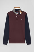 Regular burgundy bicolor long-sleeved cotton piqué polo shirt with jacquard collar