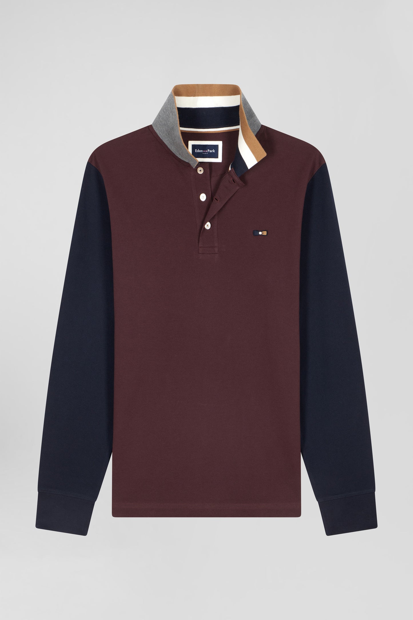 Regular burgundy bicolor long-sleeved cotton piqué polo shirt with jacquard collar