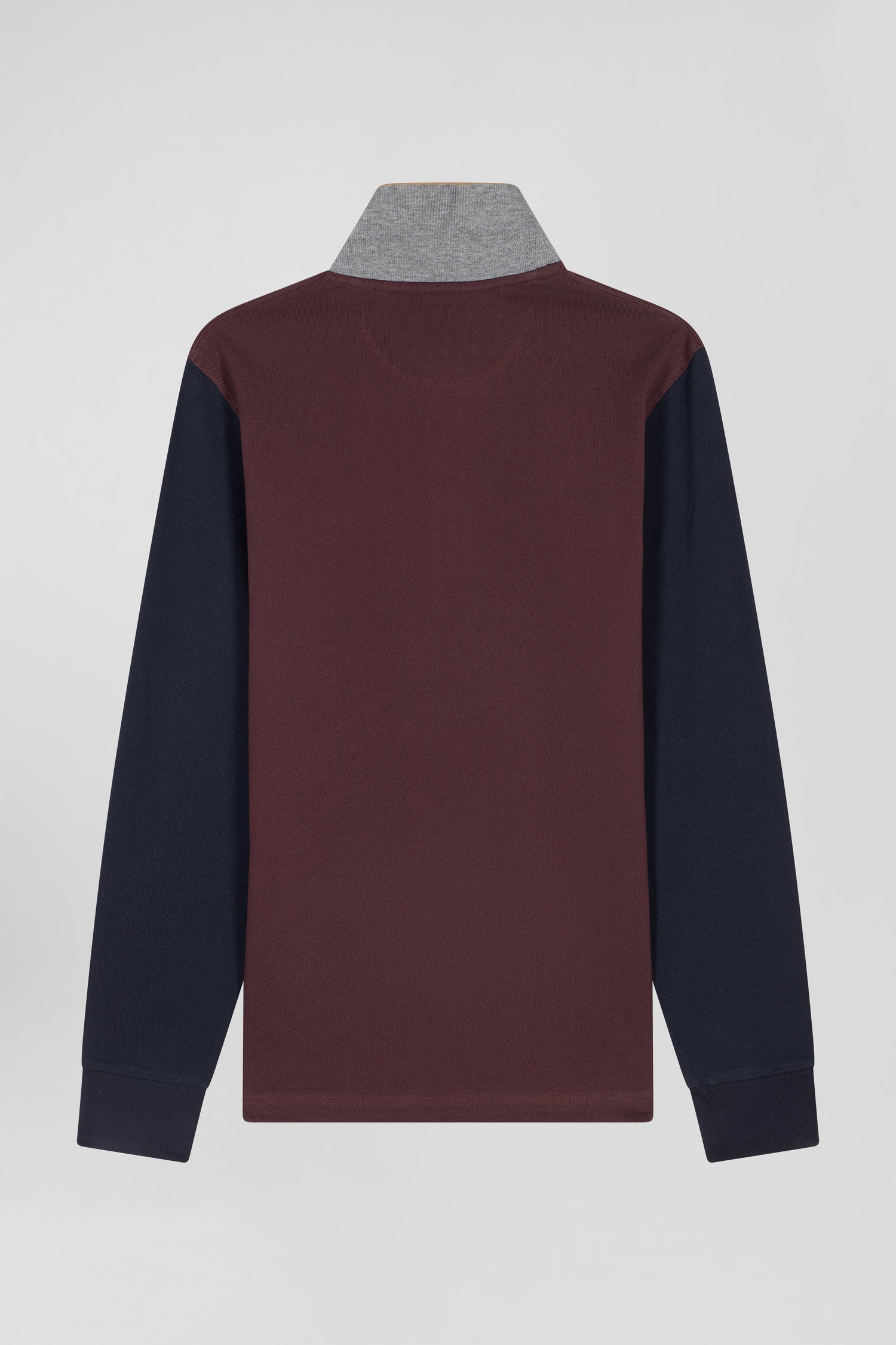 Regular burgundy bicolor long-sleeved cotton piqué polo shirt with jacquard collar