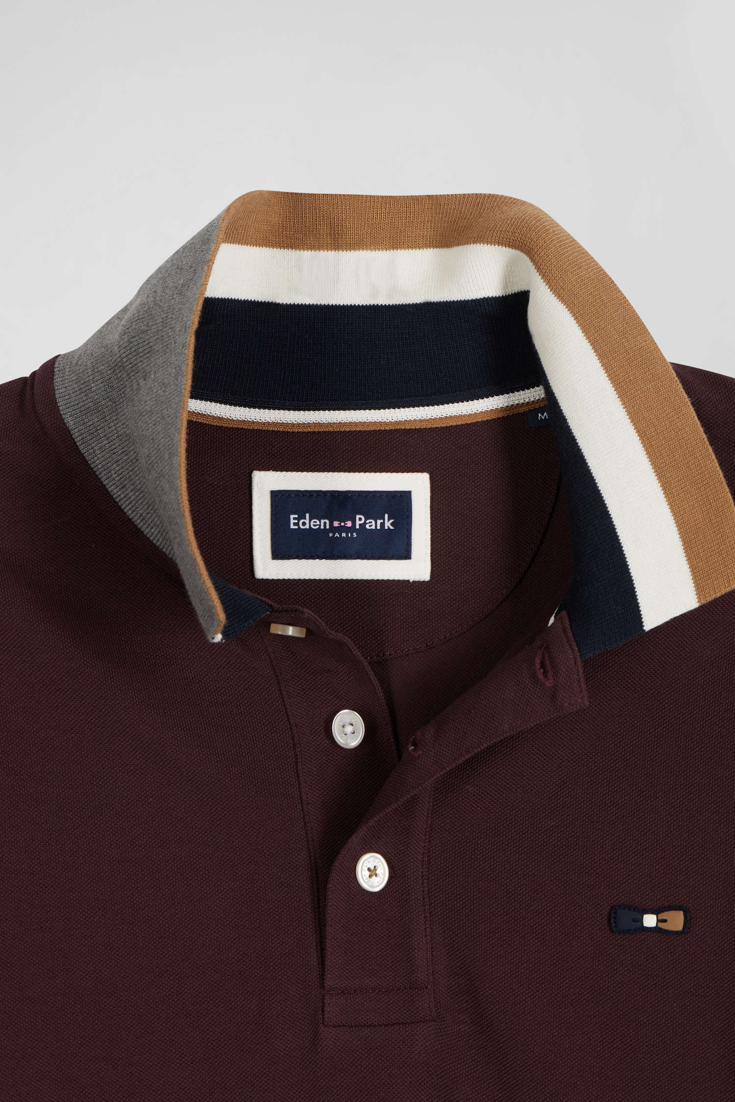 Regular burgundy bicolor long-sleeved cotton piqué polo shirt with jacquard collar