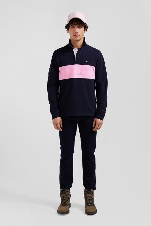 Regular navy blue long-sleeved cotton piqué polo shirt with padded embroidery - Image 1