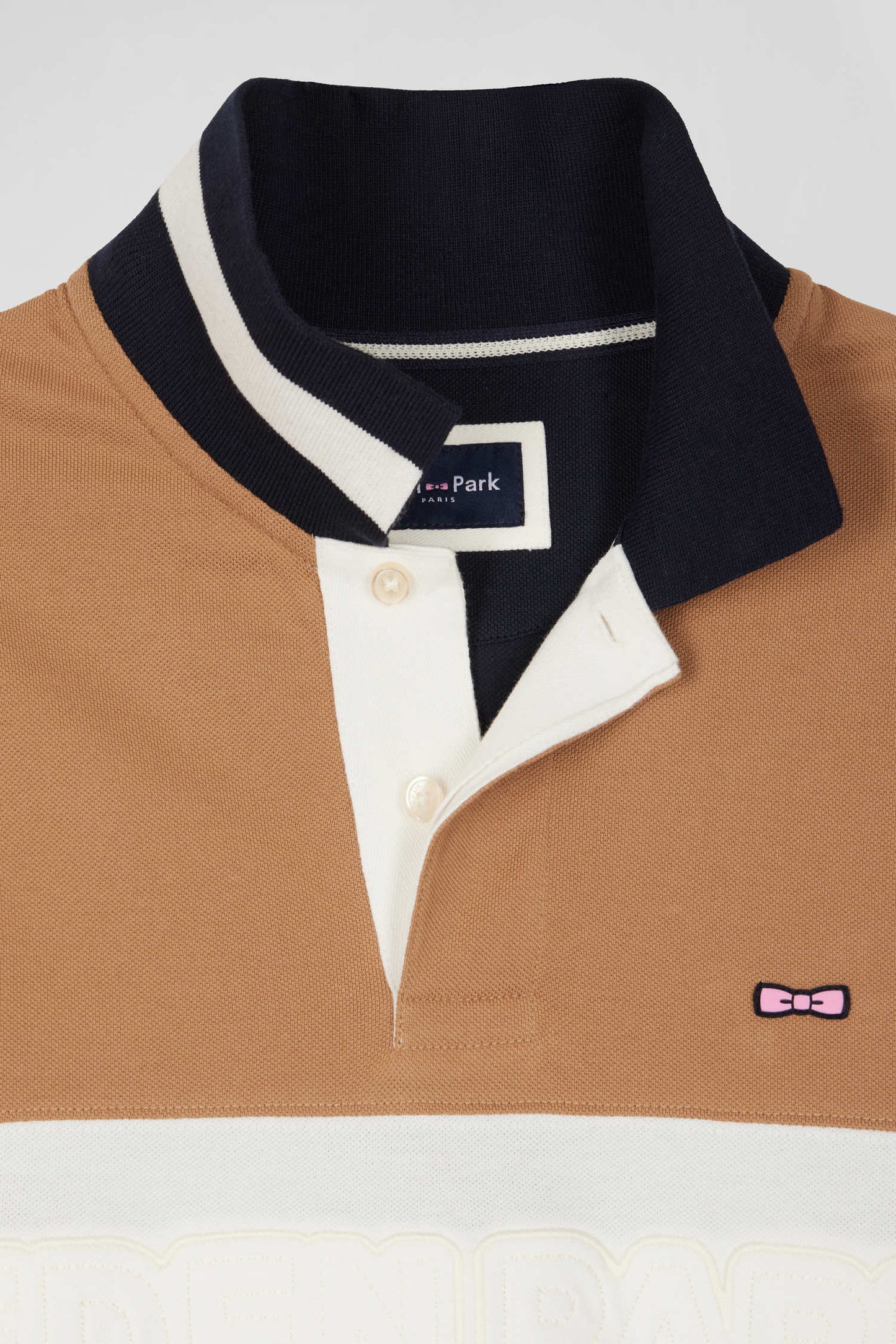 Regular camel long-sleeved cotton piqué polo shirt with padded embroidery