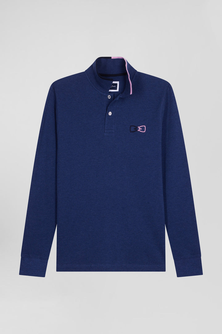 Polo manches longues en piqué coton bleu marine détails roses coupe Regular