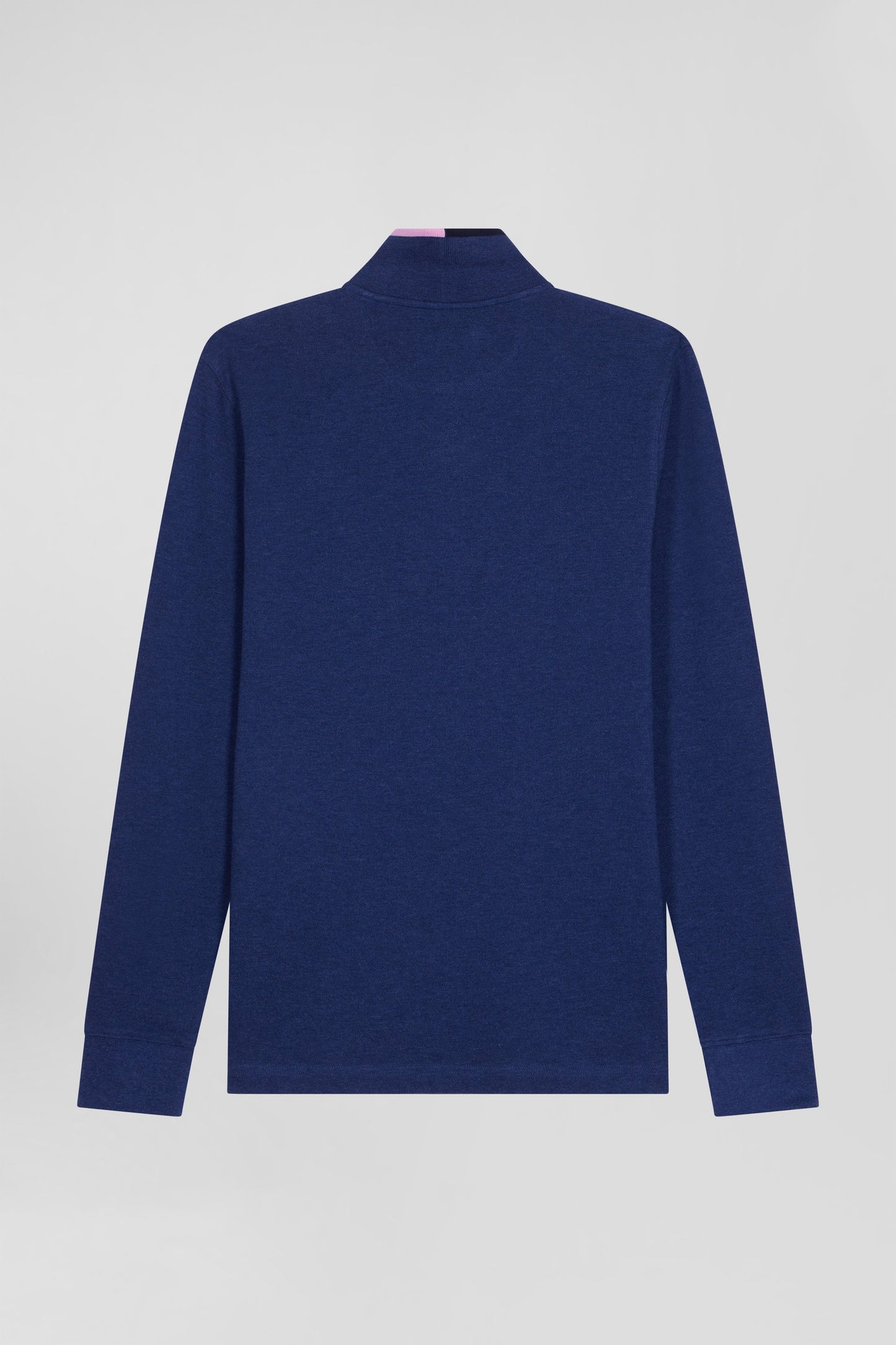 Regular navy blue long-sleeved cotton piqué polo shirt with pink details