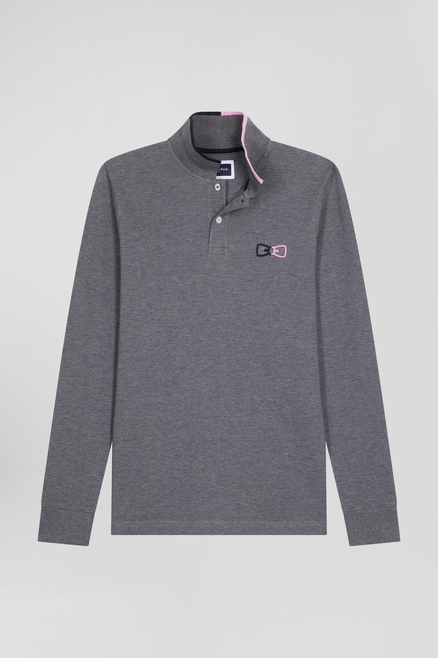 Polo manches longues en piqué coton gris détails roses coupe Regular