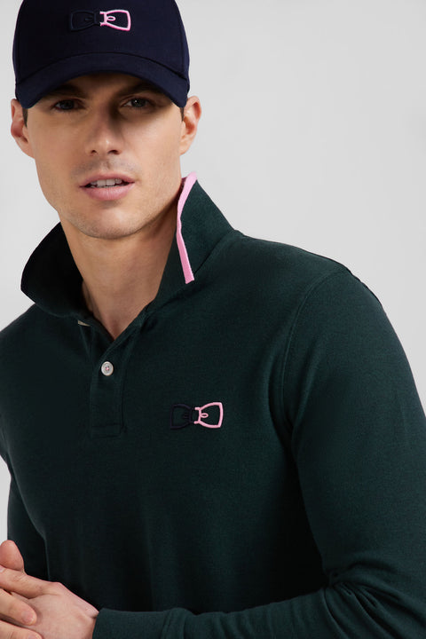 Regular green long-sleeved cotton piqué polo shirt with pink details - Image 3