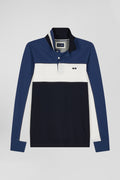 Regular blue tricolor long-sleeved cotton piqué polo shirt